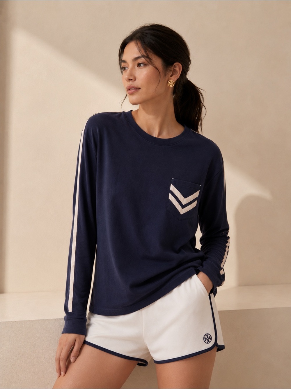 Tory Burch Navy Long-Sleeve Tee with Cream Chevron Pocket and Sleeve Stripes